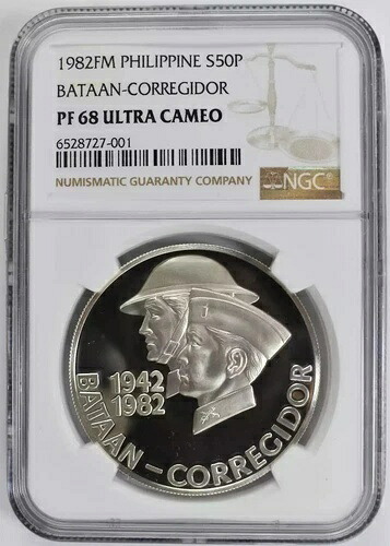 1982 フィリピン シルバー 50 PISO NGC PF-68 ウルトラ カメオ バターン コレヒドール