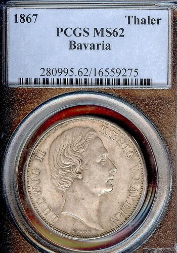 ドイツ諸州 バイエルン 1867年 ターラー貨幣 ターラー PCGS MS 62 VZ/F.STG UNC ルートヴィヒ2世