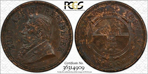 1894年南アフリカ1DワンペニーPCGS MS62低鋳造