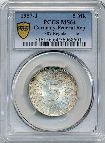 1957-J 5マルク ドイツ連邦共和国 - チョイス・アンサーキュレート、PCGS MS 64、希少