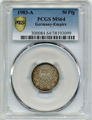 希少 1903-A 50 ペニヒ ドイツ帝国、ヴィルヘルム2世小盾 - PCGS MS64