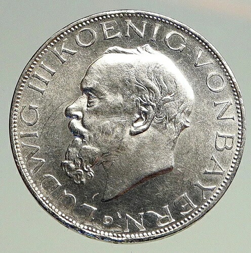 1914年 D ドイツ ドイツ諸州 バイエルン ルートヴィヒ3世 銀貨 3マルク i94739