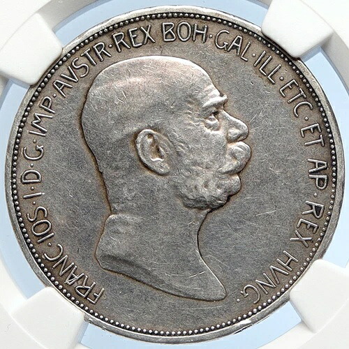 1908年 オーストリア フランツ・ヨーゼフ1世 シルバー アンティーク 5 コロナコイン NGC i105856