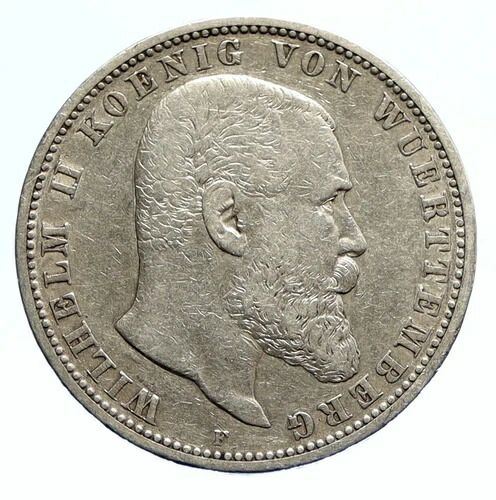 1900年F ドイツ ドイツ諸州 ヴュルテンベルク ヴィルヘルム2世 アンティーク シルバー 5M コイン i96249