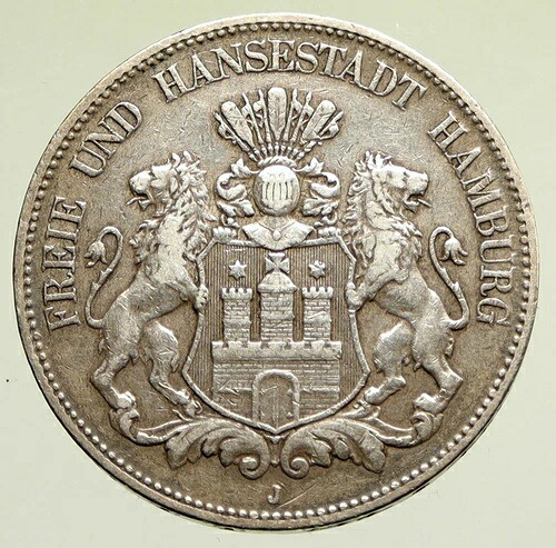 1903 J ドイツ ドイツ諸州 ハンブルク ライオンズ付き アンティーク シルバー 5マルク コイン i95208