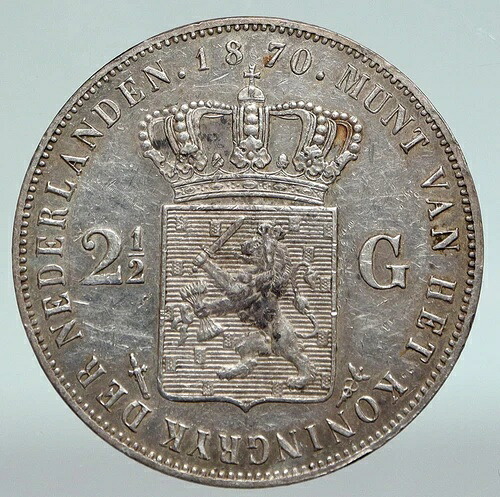 1870年 オランダ国王ウィリアム3世 王冠 アンティーク シルバー 2 1/2 グルデン コイン i90901 158,400円