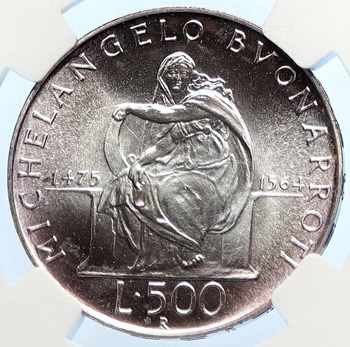 1975年 イタリア ミケランジェロ デルフィのシビュラ フレスコ画 銀貨 500リラ NGC i106430