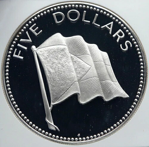 1974年 バハマ 英国 エリザベス2世 国旗 オールドプルーフ銀貨 5ドル硬貨 NGC i87422