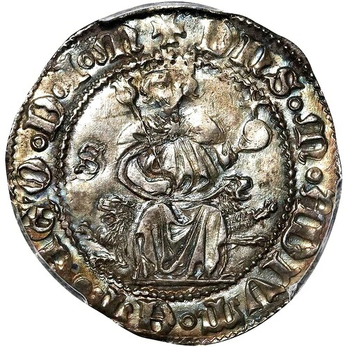 1442 -1458 イタリア諸州 ナポリ カルリーノ PCGS MS 62 優れた書体例