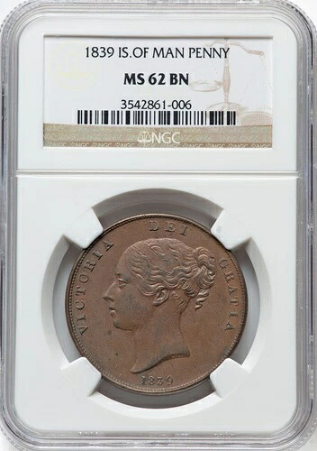 マン島 - 1839 年ビクトリア ペニー - NGC MS62 BN - 希少かつ見事な PQ 標本!