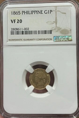 1865年スペイン領フィリピン金貨1ペソ - NGC VF 20 セミキーデート 非常に希少