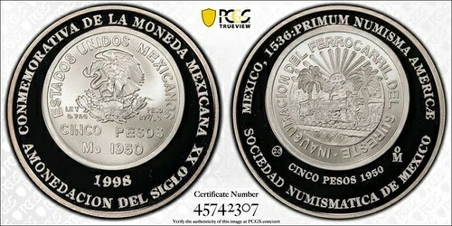1998年 モ・メキシコ ヌミス協会 南部農業協会 鉄道 5ペソ 銀メダル PCGS SP69