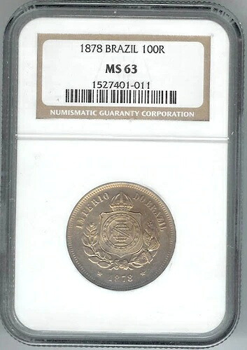 ブラジル、1878年、100レイス、NGC MS 63