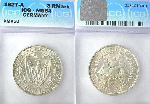 ドイツ 1927 A 3マルク、ブレーマーハーフェン、ジェム ICG 64 PQ、希少グレード、少量発行