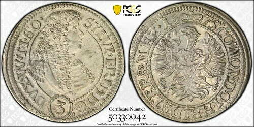 1675 ドイツ ヴュルテンベルク -?LS シルヴィウス II フレデリック、シルバー 3 クロイツァー、PCGS MS 62