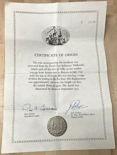 1737年 MF メキシコ 8レアル銀貨、COA付きホランディア難破船コイン｜WORLD RESOURCE【QUEEN店】