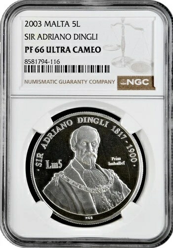 マルタ 5 リリ 2003、NGC PF66 UC、「Sir Adriano Dingli」銀貨 Pop 1/2