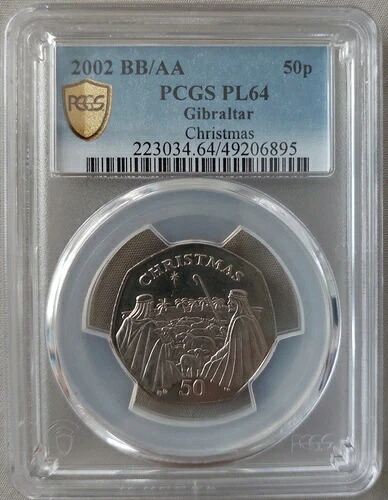 ジブラルタル 50ペンス プルーフコイン 2002年 BB/AA クリスマス KM#1026 PCGS PL64