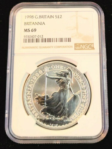 1998年 英国製 銀貨 2ポンド ブリタニア NGC MS 69 希少 美品 高品位
