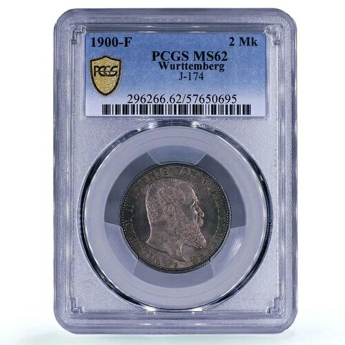ドイツ ヴュルテンベルク 2マルク ウィリアム・ウィレム2世 KM-631 MS 62 PCGS 銀貨 1900年