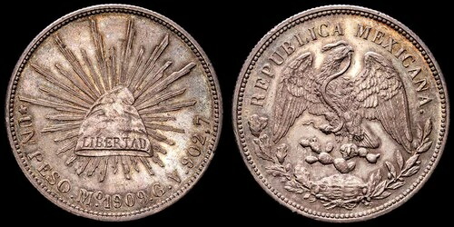 Segunda Rep?blica Un peso (27,13 gramosg) 1909 メキシコ GV KM-409.2 UNC-