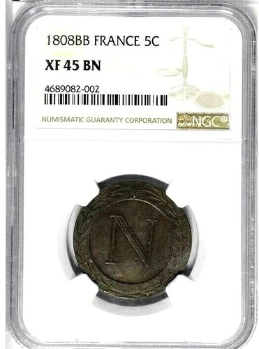 1808 BB フランス 5サンチーム、NGC XF 45、希少タイプ、良好な例