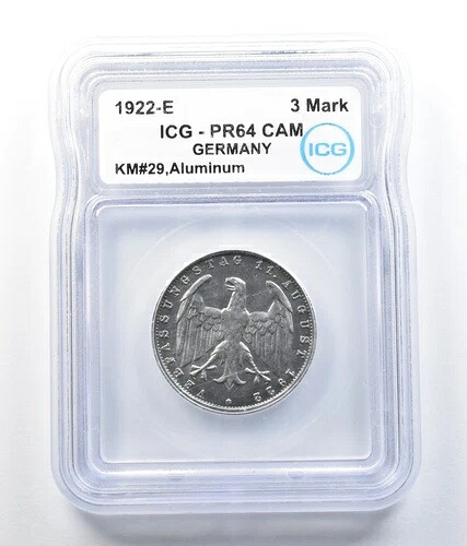 1922年 Eドイツ 3マーク KM#29 アルミ PR64 CAM ICG *7830-