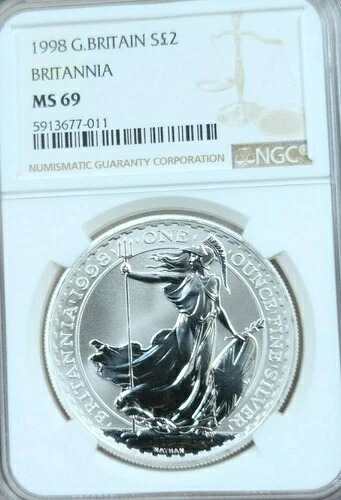 1998年 英国 銀貨 2ポンド ブリタニア NGC MS 69 希少 高品位 美品