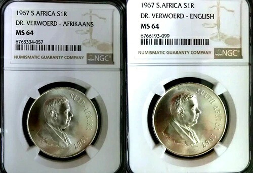 NGC MS64 南アフリカ 1967 Dr. Verwoerd 英語 & アフリカーンス語 コイン セット スプリングボック