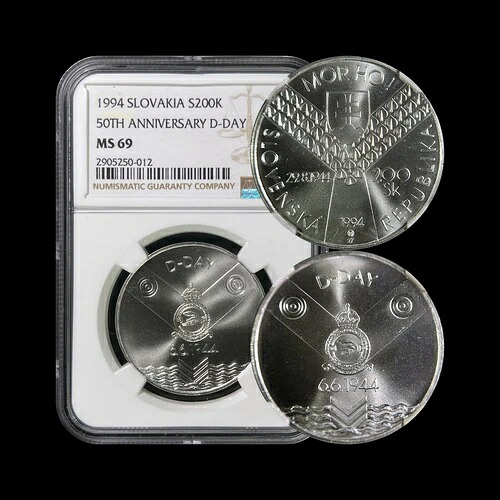 スロバキア。1994年、200コルナ、銀貨 - NGC MS69 - トップポップ ?? D-Day 50周年記念。012
