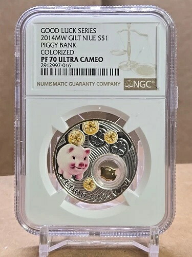 2014年 ニウエ 1ドル 幸運のシンボル 貯金箱 NGC PF70 UC - 金メッキ 999 シルバーコイン