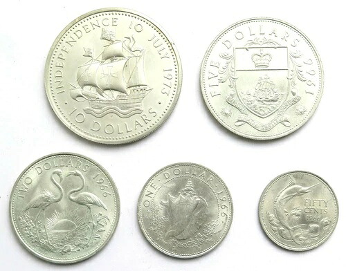 [R2002] ロット 5 x バハマ 10 ドル 1973、5 ドル + 2 ドル + 1 ドル + 50 セント 1966