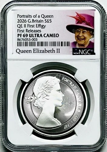 2026 GB 5PD 1オンス シルバー プルーフ NGC PF69 QEII 女王の肖像画 1st Effigy Pop-7-