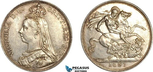 AK954、イギリス、ビクトリア州、クラウン1891、ロンドン造幣局、銀貨、クリーニング済み、AU