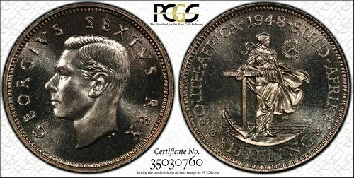 南アフリカ、1948年ジョージ6世シリング。PCGS PF 66。発行枚数1,120枚。