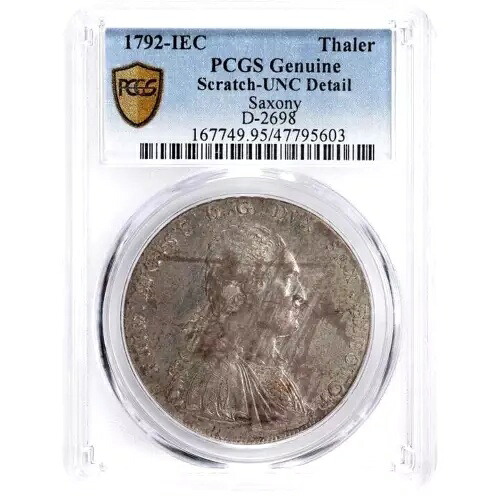 1792 IEC ドイツ諸州 ザクセン ターラー、PCGS UNC 詳細 - スクラッチ、ドイツ、ターラー