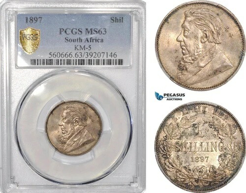 AF205、南アフリカ（ZAR）1シリング、1897年、プレトリア、銀、PCGS MS63