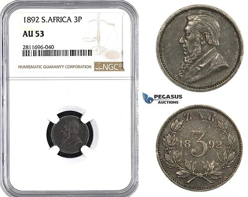 ZM947、南アフリカ（ZAR）スリーペンス（3P）1892年、銀、NGC AU53