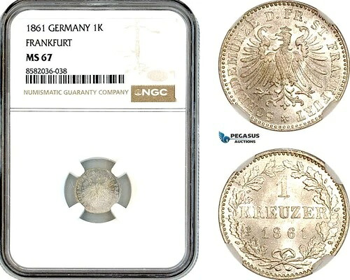 AL147、ドイツ、フランクフルト、1 クロイツァー 1861、ビロン、NGC MS67、トップポップ!