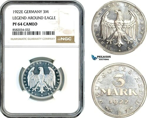 AL154、ドイツ、3 マーク 1922 E、ワイマール憲法、モルデンヒッテン造幣局、NGC PF64-