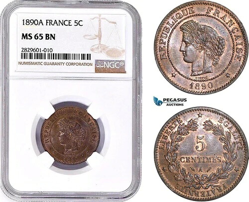西暦197年、フランス第三共和政、5サンチーム 1890-A、パリ、NGC MS65BN、人口2/0