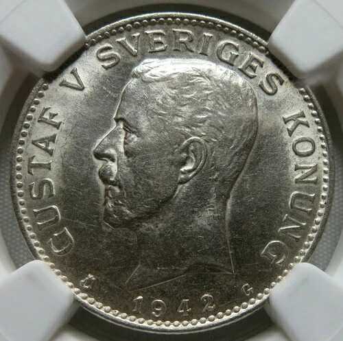 スウェーデン王国 1クローナ 1942年 G NGC AU 58 UNC 希少 グスタフ国王 第一次世界大戦 銀貨