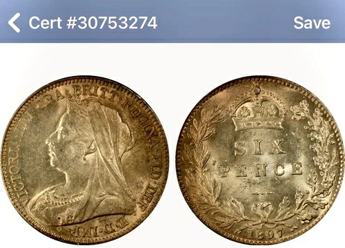1897年 英国6ペンス シルバー NGC MS-62 30 2グレード以上-