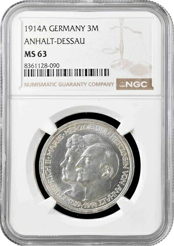 アンハルト・デッサウ 3 マーク 1914 A、NGC MS63、「フリードリヒ 2 世とマリー・フォン・バーデン」