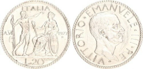 イタリア 20リラ銀貨 1927年 R ヴィットーリオ・エマヌエーレ3世 Vz 傷あり 128556