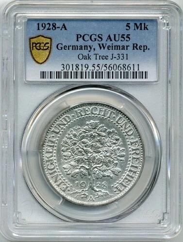 1928-A 5マルク ドイツ、ワイマール共和国、オークツリー - Choice About UNC、PCGS AU 55