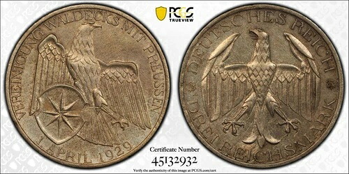 1929-A 3 Reichsmark Germany - ワイマール議員 Waldeck - Cat #J-337 - PCGS AU 詳細