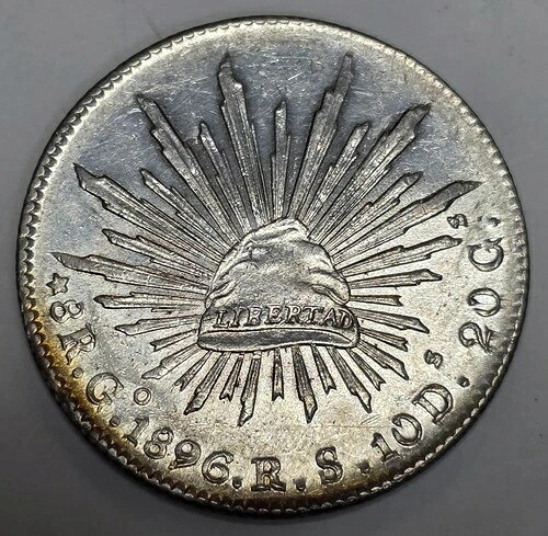 1896年 Go R.S、メキシコ 8レアル銀貨 キャップ＆レイズ BU UNCコンディション