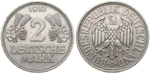 ドイツ - 2マルク 1951 D 穀物の穂