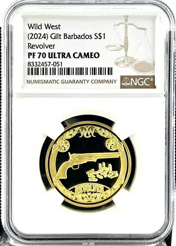 2024年 1/4オンス バルバドス ワイルドウェスト リボルバー 金メッキ銀貨 NGC PF70